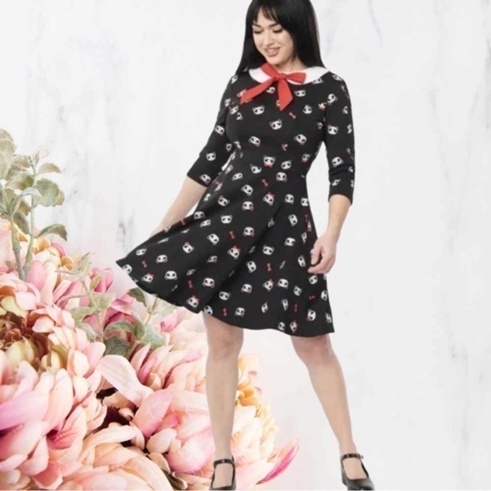 Unique Vintage NWT Black & Panda Print Wednesday Flare Dress - Size Large